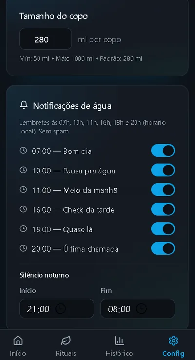 Configuração de notificações de água com silêncio noturno
